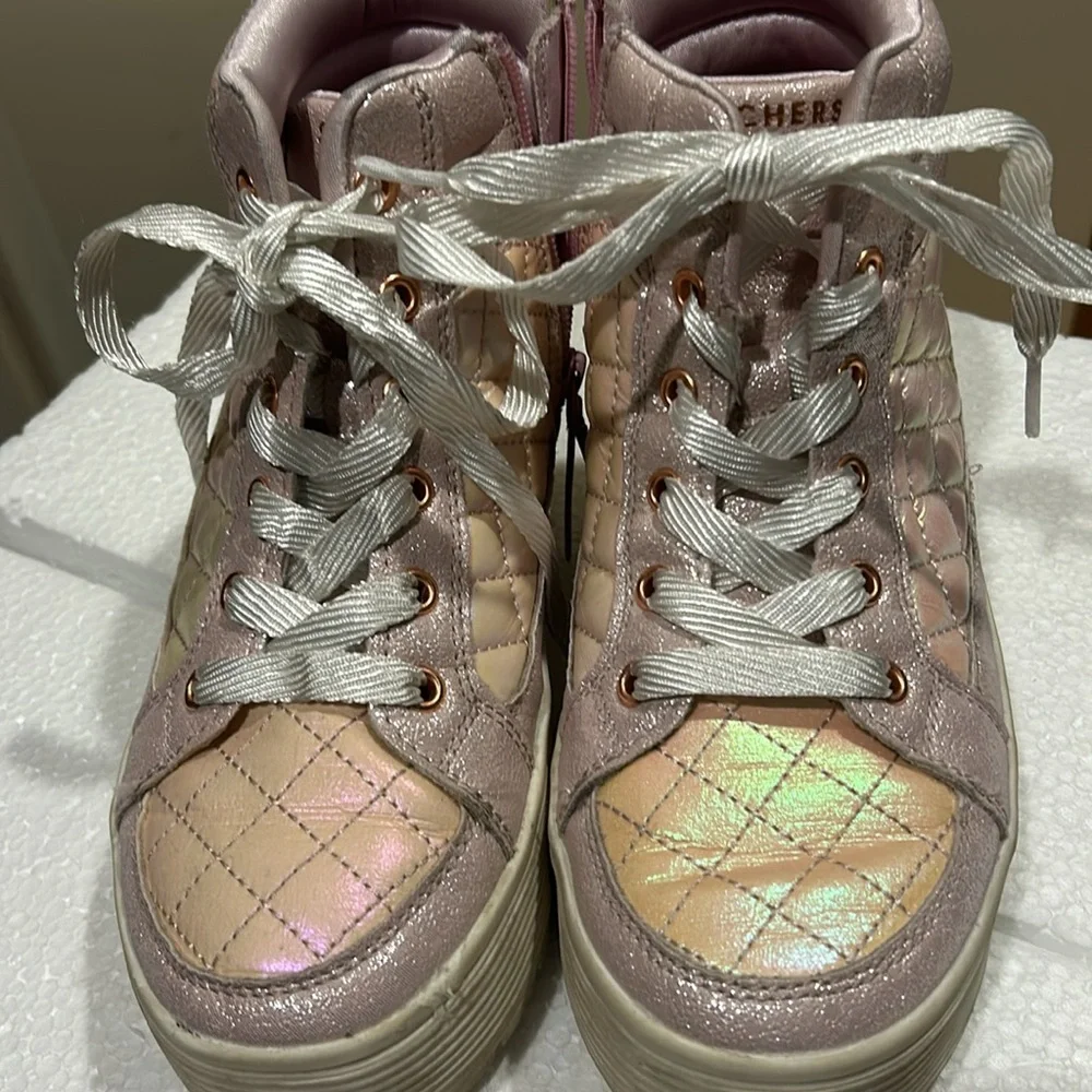 Skechers pink glittery quilt lace up/zip Hi Top platform sneakers women size 5